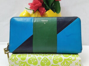 Fossil Patchwork Multicolor Leather Zip Around Credit Card Wallet